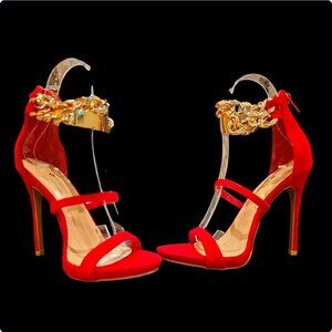 Red High Heel Sandals With Gold Chain Ankle Strap